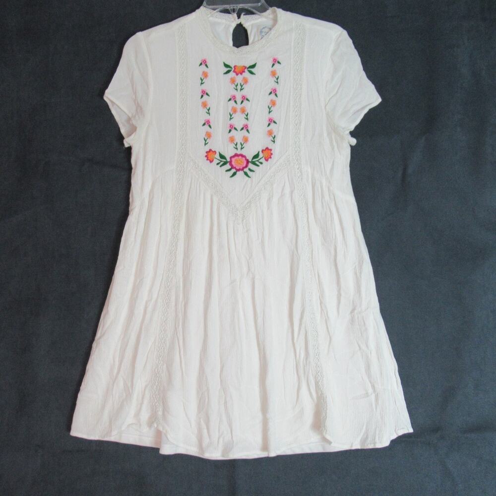 Blue Rain Dress Juniors Medium White Floral Embroidered Summer Cottage Peasant